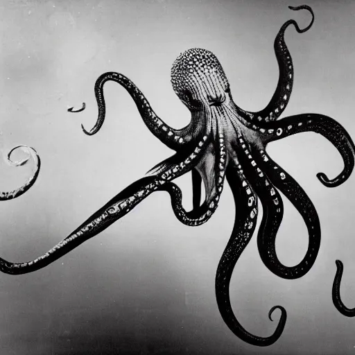 Image similar to vintage photograph of an octopus playing folk blues guitar with its tentacles