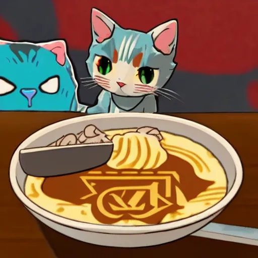 Prompt: Cute kawaii cat eating a bowl of ramen in The Legend of Zelda Breath of the Wild, toon shading npr