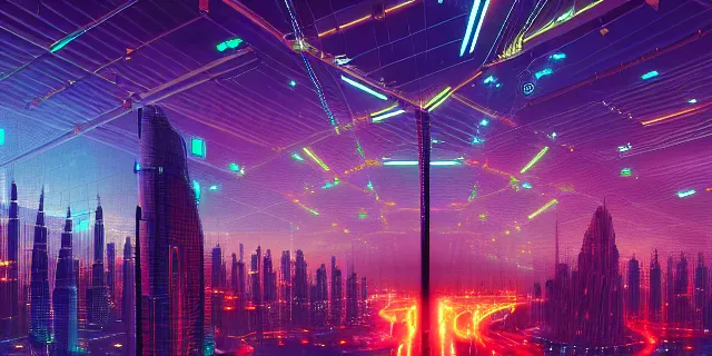 Image similar to glowing chains of interconnected network of technological cubes, in the middle of a futuristic cyberpunk dubai city, in the art style of dan mumford and marc simonetti, atmospheric lighting, intricate, volumetric lighting, beautiful, sharp focus, ultra detailed