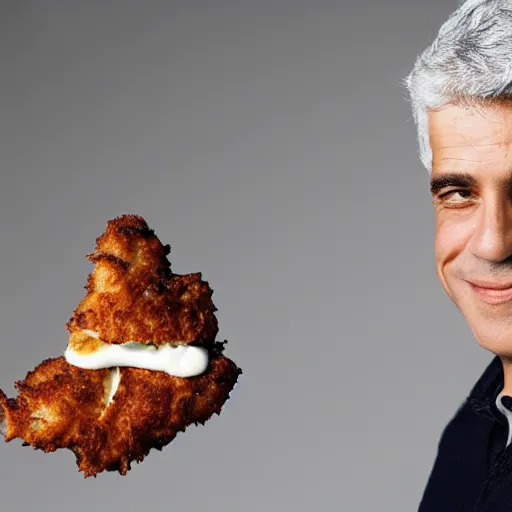 Prompt: award winning studio portrait of yair lapid holding a schnitzel in the shape of the state of israel