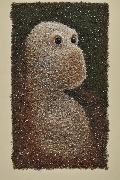 Image similar to a portrait of a creature made from snow and soil, high detail, muted colors, pointillism