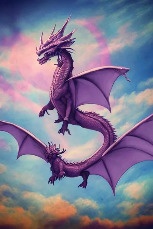 Image similar to a magical dragon making a girl fly in the sky without wings, they are in the edge of a beautiful hill, aesthetic, pastel filter, pastel effect, pastel style, 2 d art