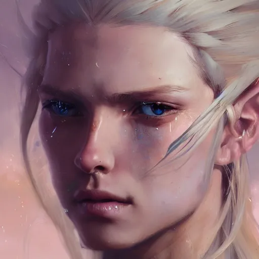Image similar to A head-on detailed oil portrait of a pretty elf woman with small cuflhcopper horns, long blonde hair and bright irises, by greg rutkowski, trending on artstation, dungeon and dragons art