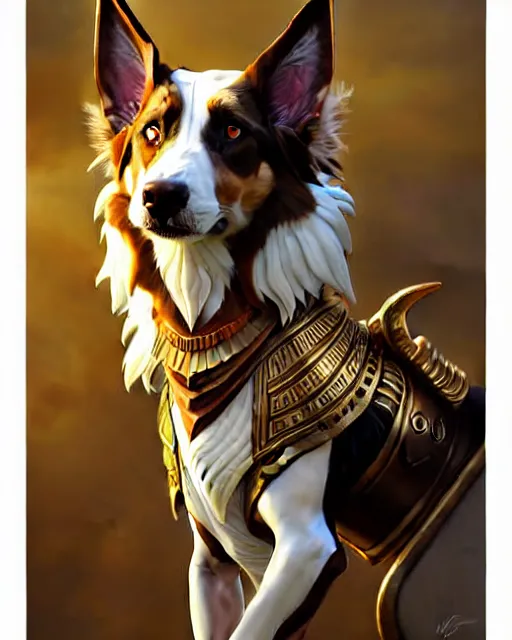 Prompt: nasus the armored egyptian anubis white and brown border collie warrior from videogame league of legends with stacks as a white and brown border collie dog, fantasy character, full portrait, ultra realistic, intricate, elegant, highly detailed, digital painting, artstation, smooth, sharp, focus, illustration, art by artgerm and greg rutkowski and alphonse mucha