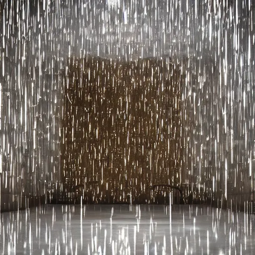 Image similar to a polished bronze sculpture of music notation, three quater notes, art installation, cinematic light, rain, 8 k, unreal render, reflections,