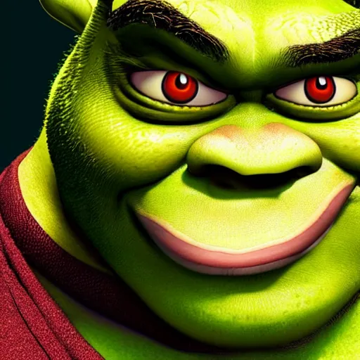 Image similar to a close up portrait from an awkward fisheye angle of shrek with large bloodshot eyes bulging out of their sockets as shrek's mouth is agape from coughing profusely