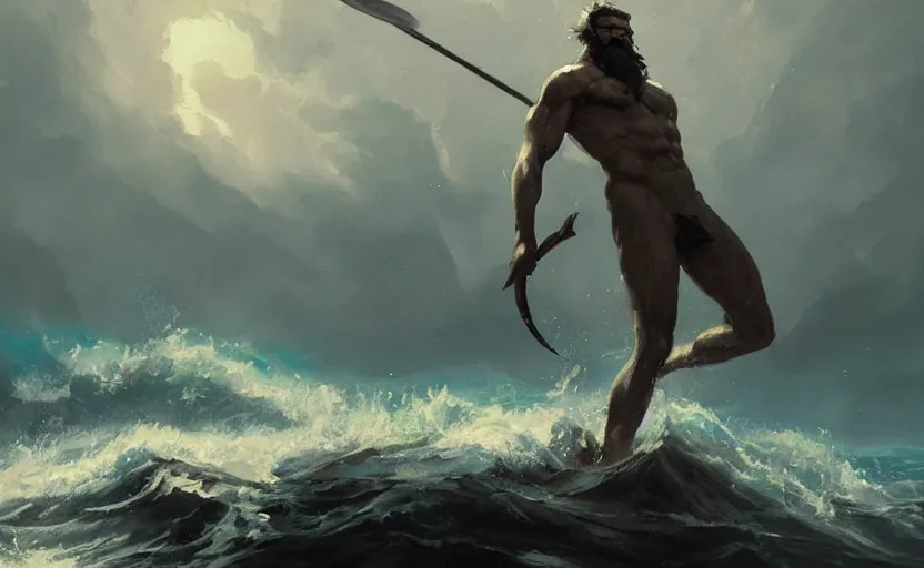 Prompt: A painting of Poseidon trending on artstation in the style of Greg Rutkowski