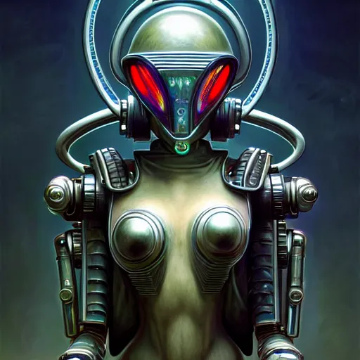 Image similar to front shot of a cyberpunk gazmask robot character, intricate, elegant, highly detailed, centered, digital painting, artstation, concept art, smooth, sharp focus, illustration, artgerm, Tomasz Alen Kopera, Peter Mohrbacher, donato giancola, Joseph Christian Leyendecker, WLOP, Boris Vallejo