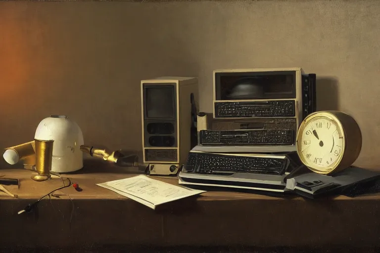 Image similar to still life painting of vintage computers by pieter claesz, oil on canvas, strong lighting, highly detailed, hyper realism, golden hour, god rays, hd, 4 k