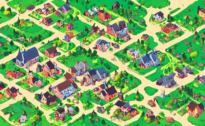 Prompt: a small village in a valley, villagers busy farming, a dragon approaching from a distance, zoomed in, vector, storybook, gouache, flat, sharp edges, concept art, print