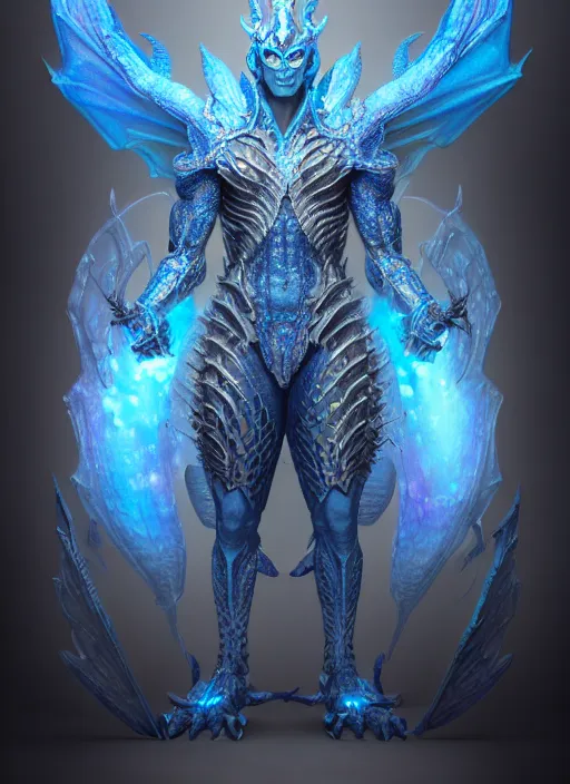 Image similar to muscular and tall blue ghostly fire humanoid dragon!!!! draconian!! intricate ornate iridescent heavy armor!! character concept art, sharp focus, octane render! unreal engine 5! highly rendered!! trending on artstation!! detailed linework!! illustration by artgerm, wlop, and chie yoshii