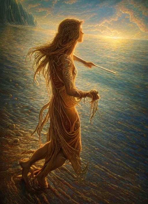 Prompt: beautiful glowing woman walking over the water and pulling a giant ark behind her, extremly detailed handmade with a pen, vibrant colors, in the style of tomasz alen kopera and fenghua zhong and peter mohrbacher, mystical colors, rim light, beautiful lighting, 8 k, stunning scene