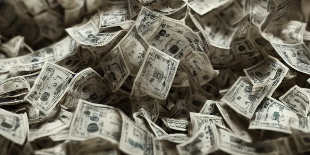 Image similar to a film still of cash money piling up in a vault, shallow depth of field, cinematic, award winning cgi, vfx, film still cfg _ scale : 3 0. 0