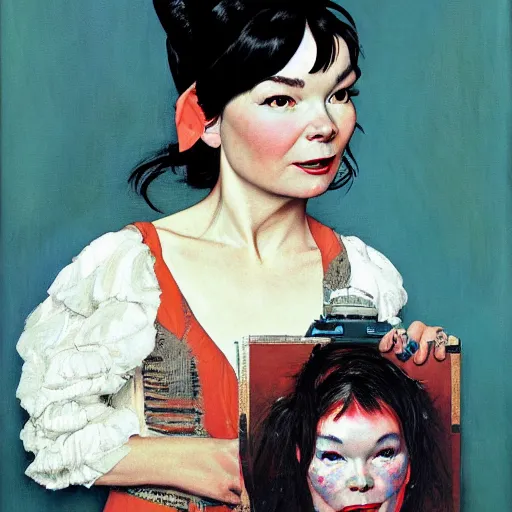 Image similar to a portrait painting of Bjork. Painted by Norman Rockwell