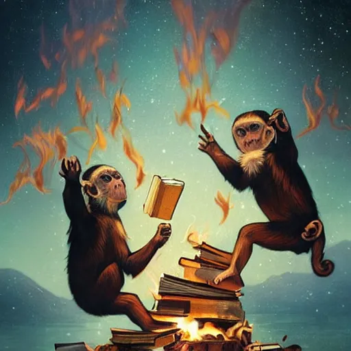 Image similar to [two monkeys throwing books in a bonfire, behind them space rockets are taking off. propaganda, closeup, D&D, intricate, elegant, highly detailed, digital painting, artstation, concept art, matte, sharp focus, illustration, art by Artgerm and Greg Rutkowski and Alphonse Mucha and Enki Bilal]