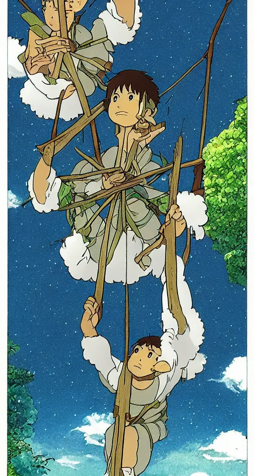 Prompt: the five of wands tarot card as drawn by studio ghibli, whole card, white frame