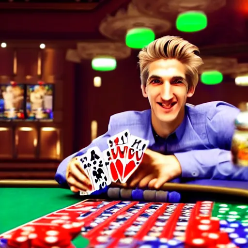 Image similar to film still of xqc gambling in Vegas, 4k, photorealism, artstation style