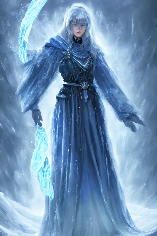 Prompt: an ice mage wearing a cloak surrounded by ice crystals, mixed media, digital art, trending on artstation, 8k, epic composition, highly detailed, AAA graphics