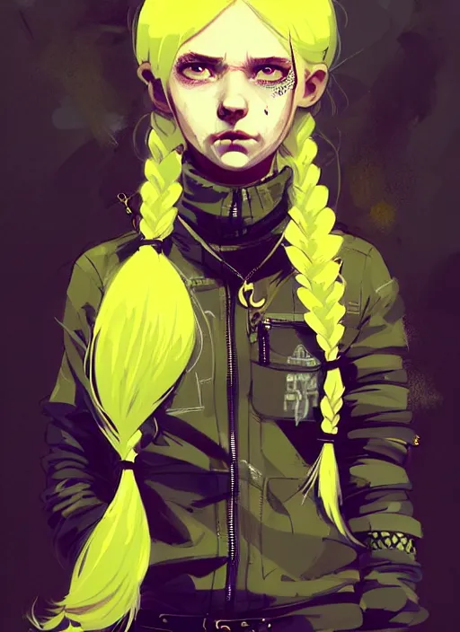 Image similar to highly detailed closeup portrait of a sewer punk pretty swedish female road warrior student, tartan garment, blonde hair pigtails with headband by atey ghailan, by greg rutkowski, by greg tocchini, by james gilleard, by joe fenton, by kaethe butcher, gradient yellow, black, brown and white color scheme, grunge aesthetic!!! white graffiti tag wall background