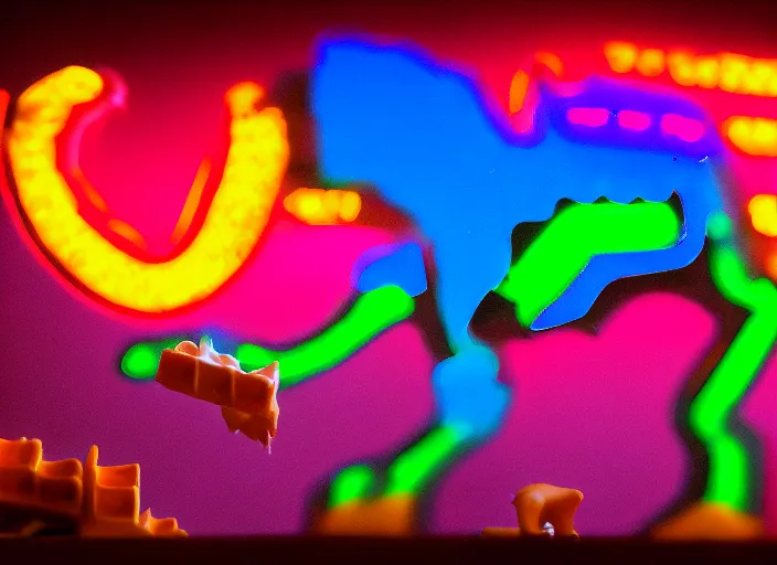 Prompt: a dinosaur made out of waffles barbecuing chewing gum. in a room with neon rainbow color drapes. outside the window a anachronist noir future.