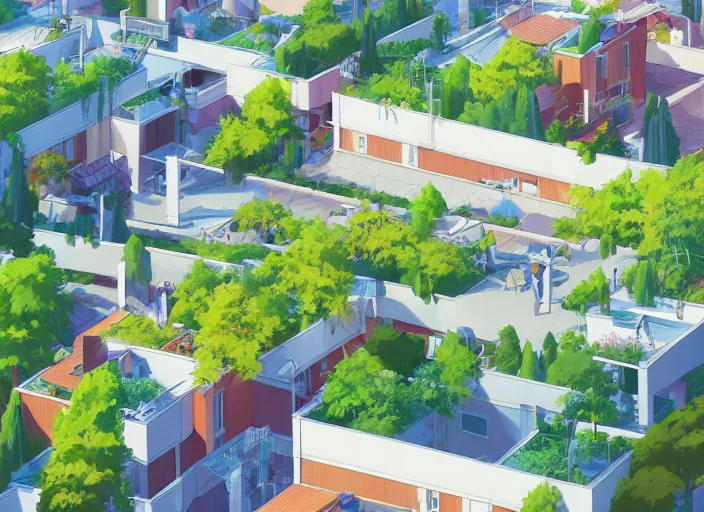 Image similar to digital illustration of idyllic suburban neighborhood with rooftop gardens and sustainable energy initiatives + single family homes : : modern architecture by makoto shinkai, ilya kuvshinov, lois van baarle, rossdraws, basquiat | afrofuturism, in the style of hearthstone, trending on artstation | cool color scheme