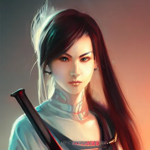 Prompt: Young cyberpunk samurai lady holding a sword, digital painting, anime style, Artstation, by Artgerm