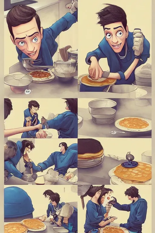 Image similar to pete davidson making pancakes, animation pixar style, by pendleton ward, magali villeneuve, artgerm, rob rey and kentaro miura style, golden ratio, trending on art station