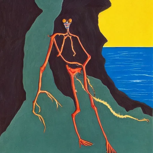 Image similar to A beautiful body art of a human-like creature with long, stringy hair. The figure has no eyes, only a mouth with long, sharp teeth. The creature is standing on a cliff overlooking a dark, foreboding sea. by Jacob Lawrence, by Angus McKie serene