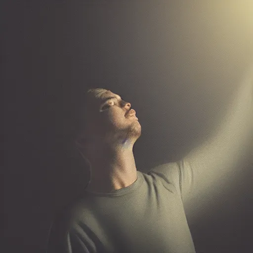 Prompt: A acrylic-styled portrait of a man in looking up into a light in awe, spot lighting, studio lighting, high contrast, dreamy, ethereal, visible brush strokes