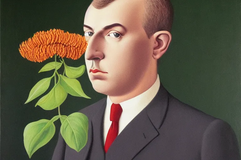 Image similar to portrait of man in a suit that has flowers instead of head by rene magritte, detailed painting, hd, hq, high resolution, high detail, 4 k, 8 k