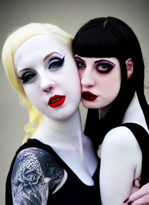 Image similar to a full body shot of two beautiful pale skin cosplay girls hugging each other in close proximity, light gray eyes, photo, bokeh, sharp focus, big red lips, black hair, feet posing, goth style, fully tattooed body, fishnet clothes, beautiful detailed face, masterpiece, photo by magali villeneuve