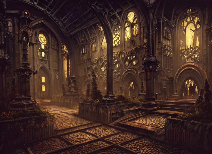 Image similar to steam necropolis, memento mori, gothic, neo - gothic, art nouveau, hyperdetailed copper patina medieval icon, stefan morrell, philippe druillet, ralph mcquarrie, concept art, steampunk, unreal engine, detailed intricate environment, octane render, moody atmospherics, volumetric lighting, ultrasharp, ominous, otherworldly