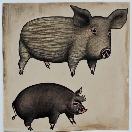 Image similar to “pig paintings and pig sculptures in a pig art gallery, pork, ikebana white flowers, white wax dripping, squashed raspberry stains, charcoal on paper, by munch and Dali”