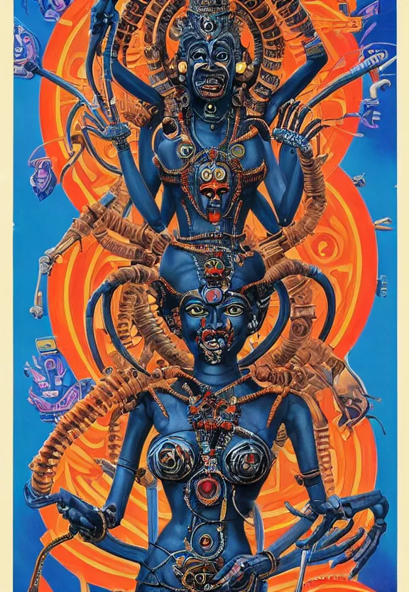 Image similar to biomechanical alien robot goddess kali, female, intense stare, sarcastic smile, symmetrical, concept art, intricate detail, volumetric shadows and lighting, realistic oil painting, 1 9 7 0 psychedelic soviet poster,