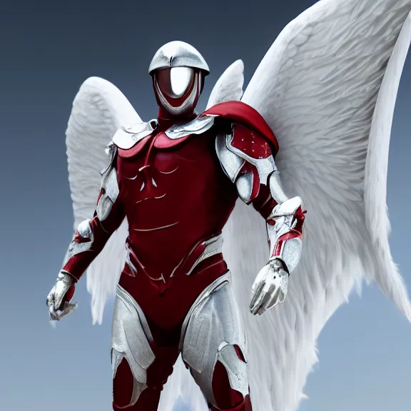 Image similar to cinematic full body shot of a male angel flying, white metallic armor, red cape, elegant pose, detailed arms, detailed white armor, two arms, two legs, detailed fanart, macro art, realistic digital art, DeviantArt, artstation, 3D realistic, 8k HD, octane render