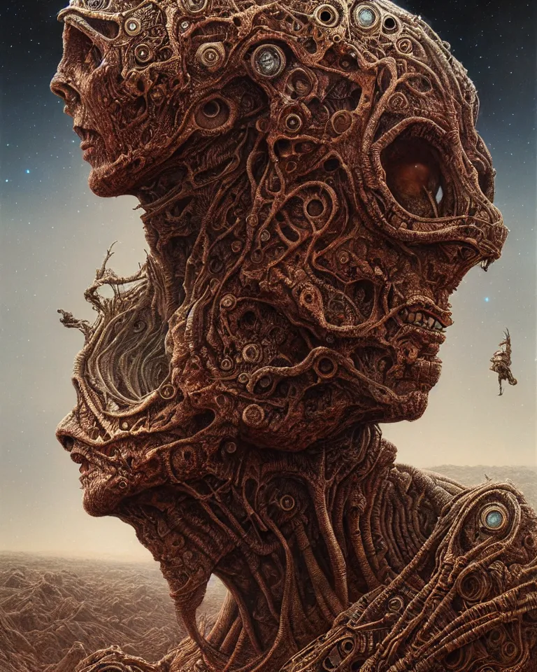 Image similar to ultra realist intricate detailed portrait of a single rugged attractive female on an alien landscape, insanity, accurate features, apocalyptic, very intricate details, 8 k resolution, dim lighting, volumetric lighting, artstyle zdzisław beksinski and keith thompson, award winning