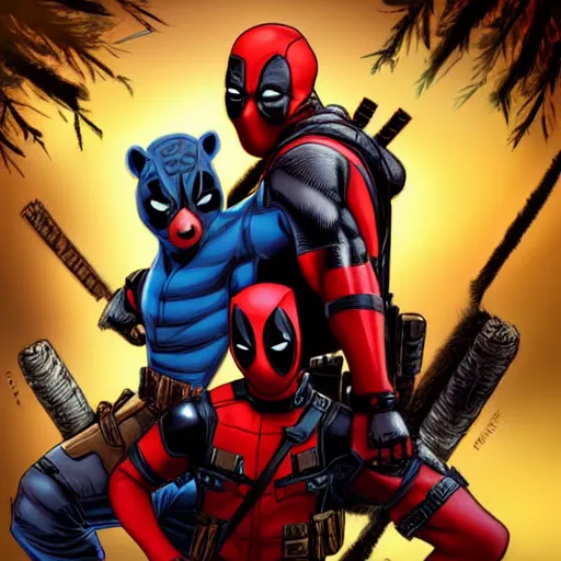 Image similar to deadpool and rocket raccoon in the woods digital art 4 k detailed super realistic