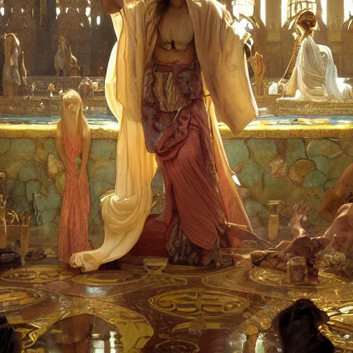 Prompt: a detailed picture of jesus cleansing the temple, thrown tables, scattered gold coins, fleeing merchants, fantasy, intricate, elegant, highly detailed, digital painting, artstation, matte, sharp focus, illustration, art by john collier and albert aublet and krenz cushart and artem demura and alphonse mucha