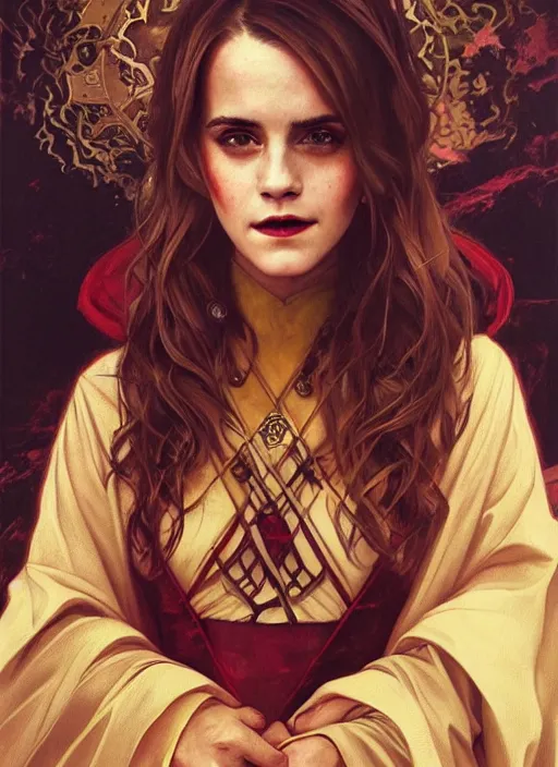 Image similar to oil painting of emma watson giving seductive look wearing black robes with red and gold lining. hogwarts in background beautiful detailed face. by artgerm and greg rutkowski and alphonse mucha