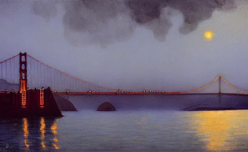 Prompt: a silver train on the golden gate bridge at dusk with fog, by ricardo bofill, by stanhope forbes