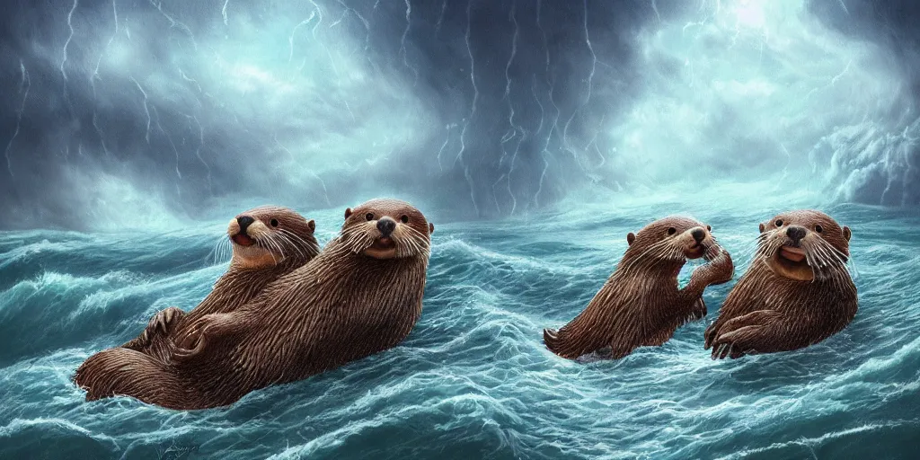 Prompt: beautiful fantasy illustration hyper detailed a pair of cute otters falling in love holding hands in a huge storm at sea cinematic dreamlike trending on artstation masterpiece