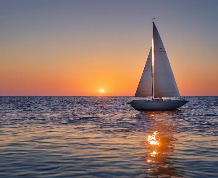 Prompt: 4 k hd, high detail photograph of a sail boat in the sea at sunrise, shot with sigma f / 4. 2, 2 5 0 mm sharp lens, wide shot, isometric view, volumetric lighting, reflection, high level texture render