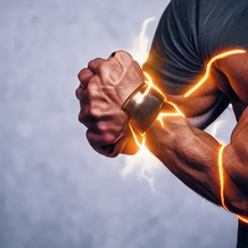 Image similar to man flexing metal arm bicep, metal skin, metal skin, bicep glowing iron, hot glowing iron