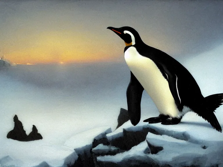 Image similar to an oil painting of a penguin playing in pure white snow on a misty iceberg at dusk. aurora. by tuomas korpi moebius and carl spitzweg. baroque elements. intricate artwork by caravaggio. oil painting. oil on canvas. award winning. dramatic. trending on artstation. 8 k