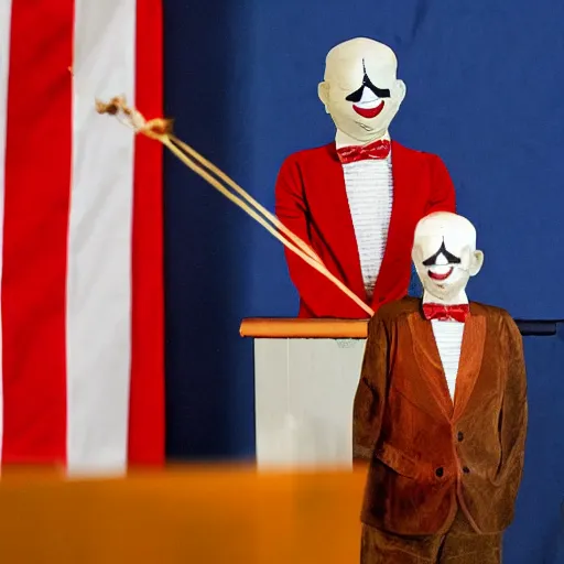 Image similar to string marionette of a president with clown makeup in a podium and a human shadow behind