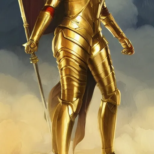 Image similar to a knight wearing a golden armor, full-body shot, digital painting, smooth, elegant, hd, art by WLOP and Artgerm and Greg Rutkowski and Alphonse Mucha