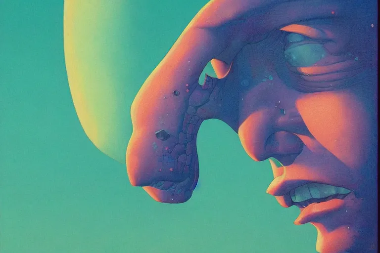 Image similar to a scifi closeup portrait of a young british man licking a blotter paper of LSD acid on his tongue and dreaming psychedelic hallucinations in cosmos, by kawase hasui, moebius, Edward Hopper and James Gilleard, Zdzislaw Beksinski, Steven Outram colorful flat surreal design, hd, 8k, artstation