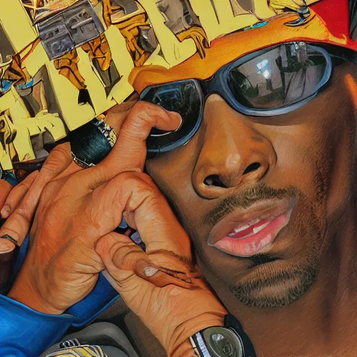 Prompt: detailed details photorealistic pictures of 9 0 s hip hop cover album from rapper two ballz, this album called hustle on the buut, in the style of bob peak and alex ross, gouache and wash paints color, detailed details facial and body and human and environments and background and foreground and proportionate, detailed 5 k details, detailed string text.