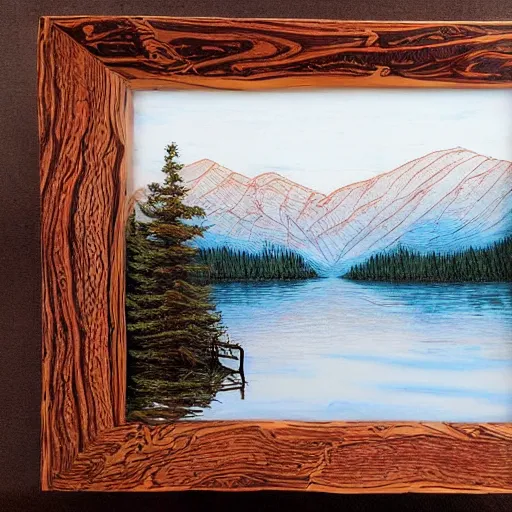 Prompt: lake surrounded by mountains (very beautiful, dreamy, poetic, melancholy ) :: pyrography