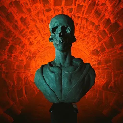 Image similar to beautiful dark landscape, old roman statue in front of a glowing red orb in front of a pile of skulls, in the style of beeple and Mike Winkelmann, intricate, epic lighting, cinematic composition, hyper realistic, 8k resolution,